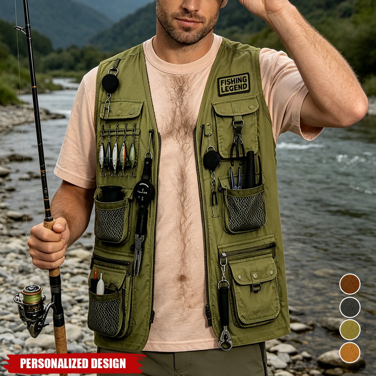 Personalized Fake Fishing Utility Vest Graphic T-Shirt - Custom Skin Tone and Multiple Vest Patterns