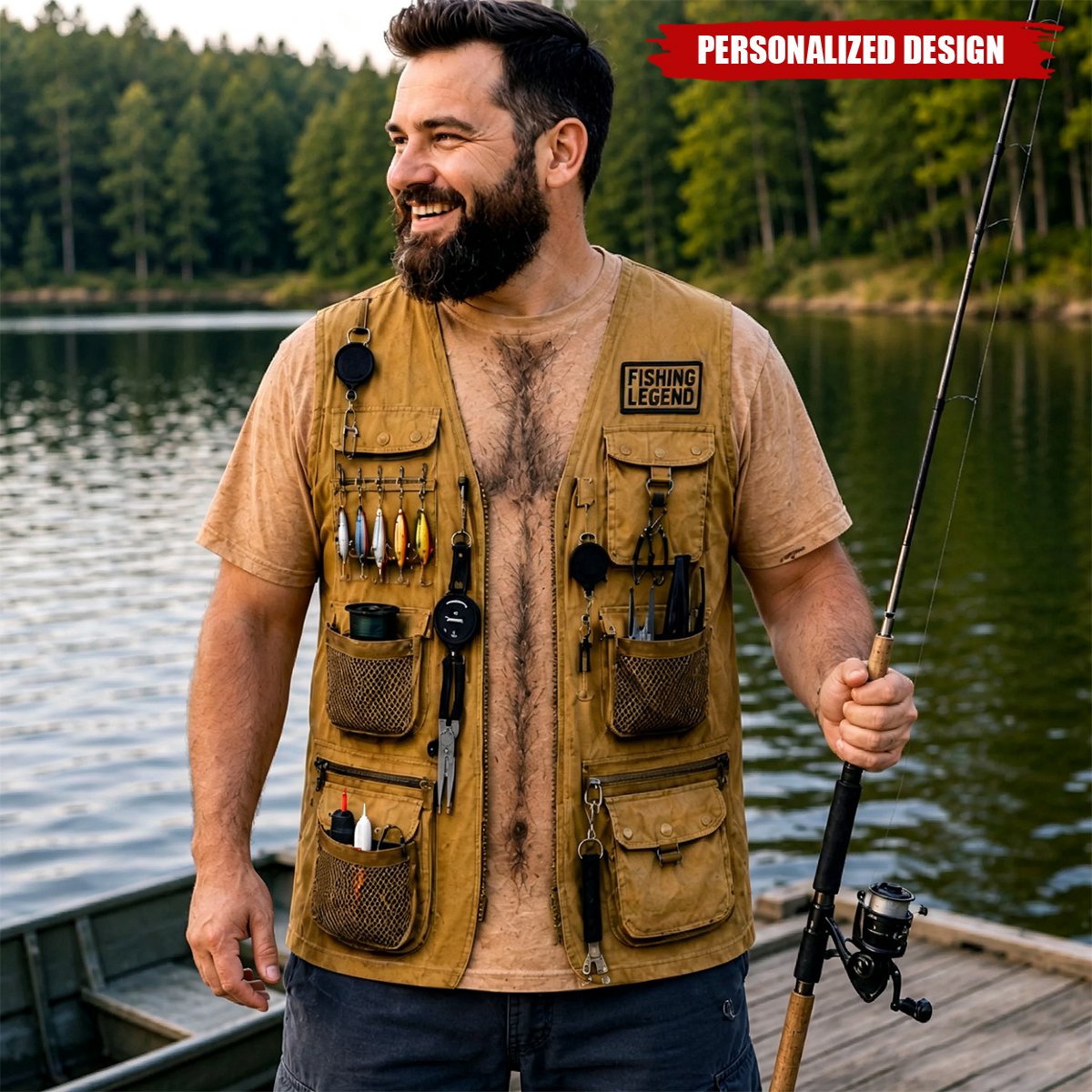 Personalized Fake Fishing Utility Vest Graphic T-Shirt - Custom Skin Tone and Multiple Vest Patterns