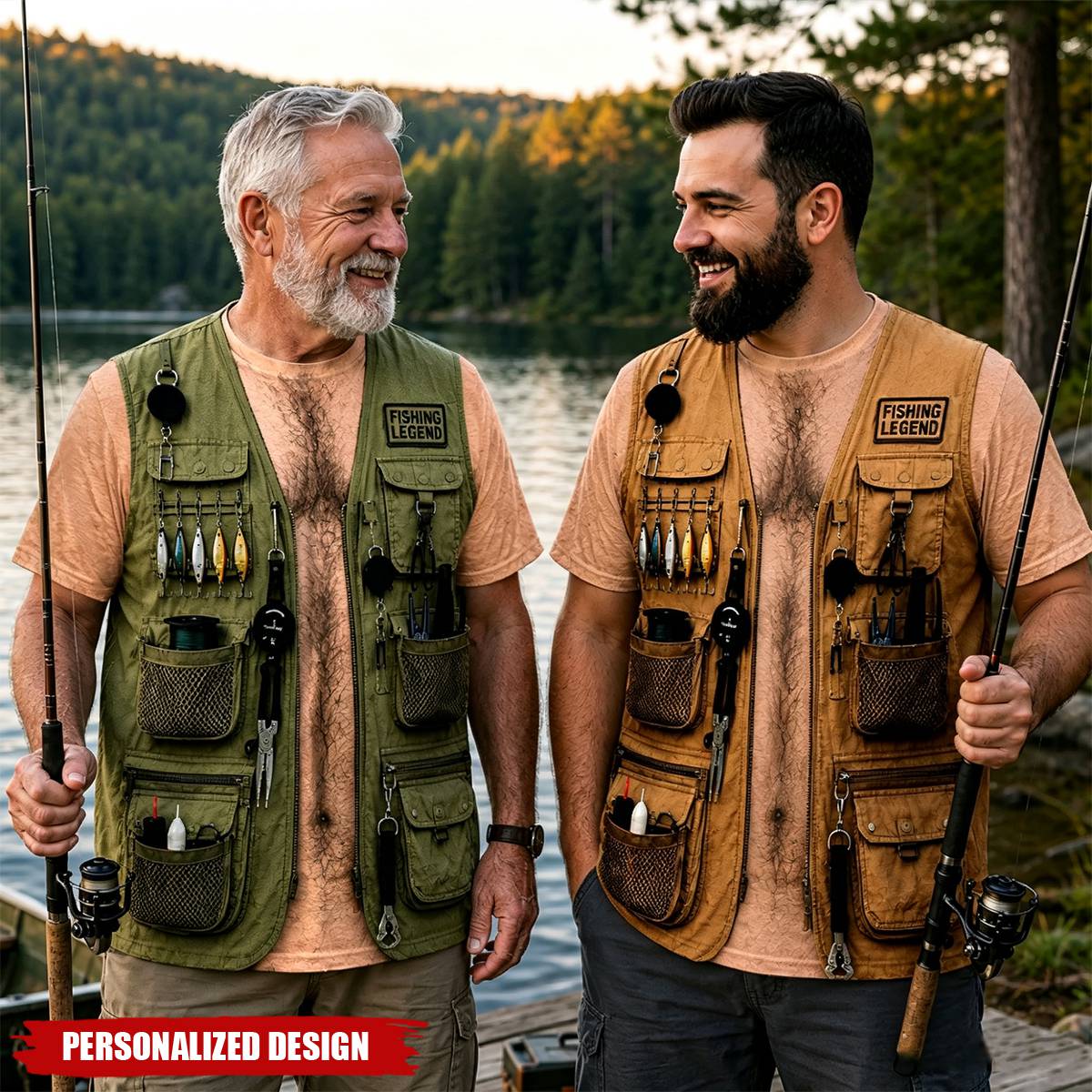 Personalized Fake Fishing Utility Vest Graphic T-Shirt - Custom Skin Tone and Multiple Vest Patterns