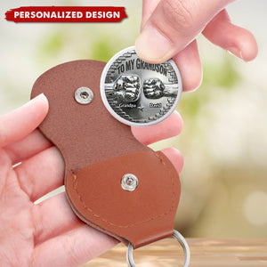 Personalized Stainless Steel Fist Bump Coin with Leather Keychain - Gift for Grandson, Son