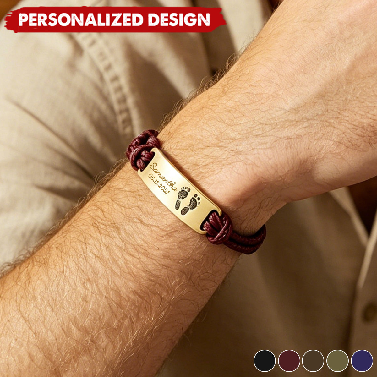 Personalized Baby Footprint Leather Bracelet - Custom Name & Birth Date