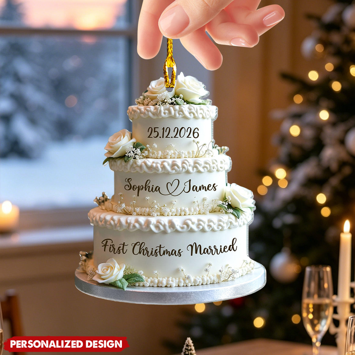 Personalized Couple Names & Wedding Date First Christmas Married Cake Acrylic Ornament
