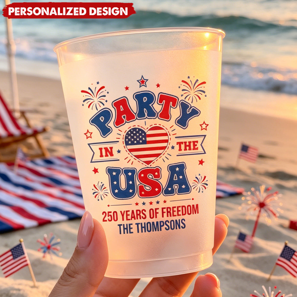 Personalized America 250 Years of Freedom Patriotic Frosted Plastic Cups - Custom Family Name