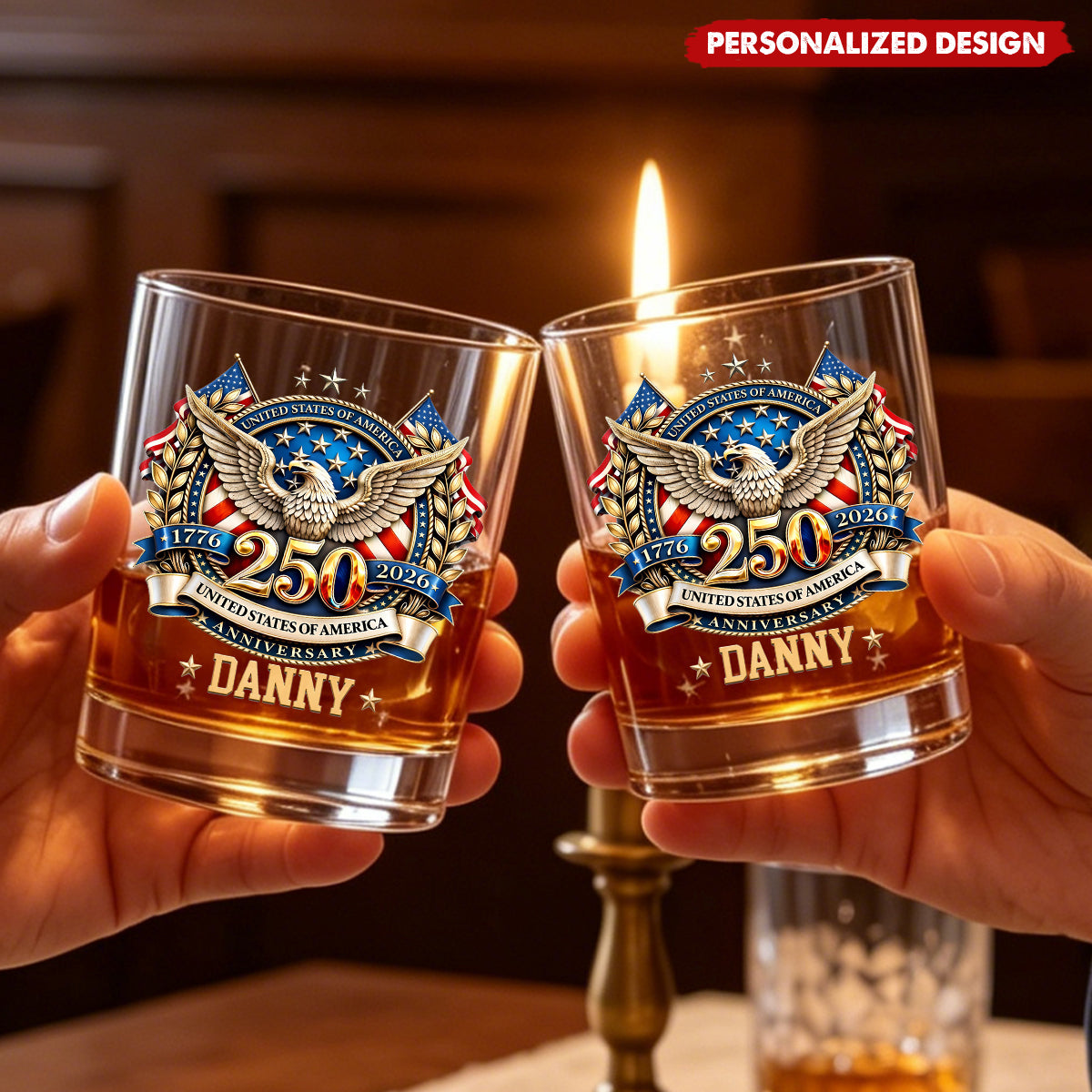 USA 250th Anniversary Eagle Patriotic Whiskey Glass - Custom Name