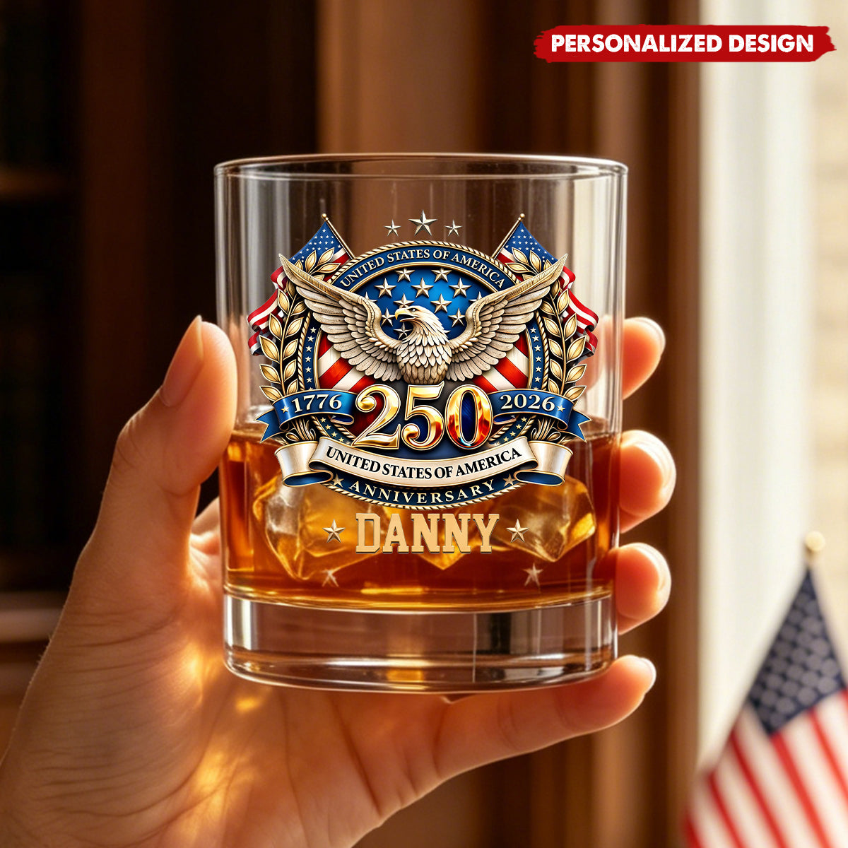 USA 250th Anniversary Eagle Patriotic Whiskey Glass - Custom Name