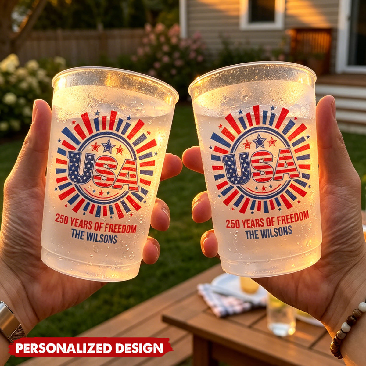 Personalized America 250 Years of Freedom Patriotic Frosted Plastic Cups - Custom Family Name