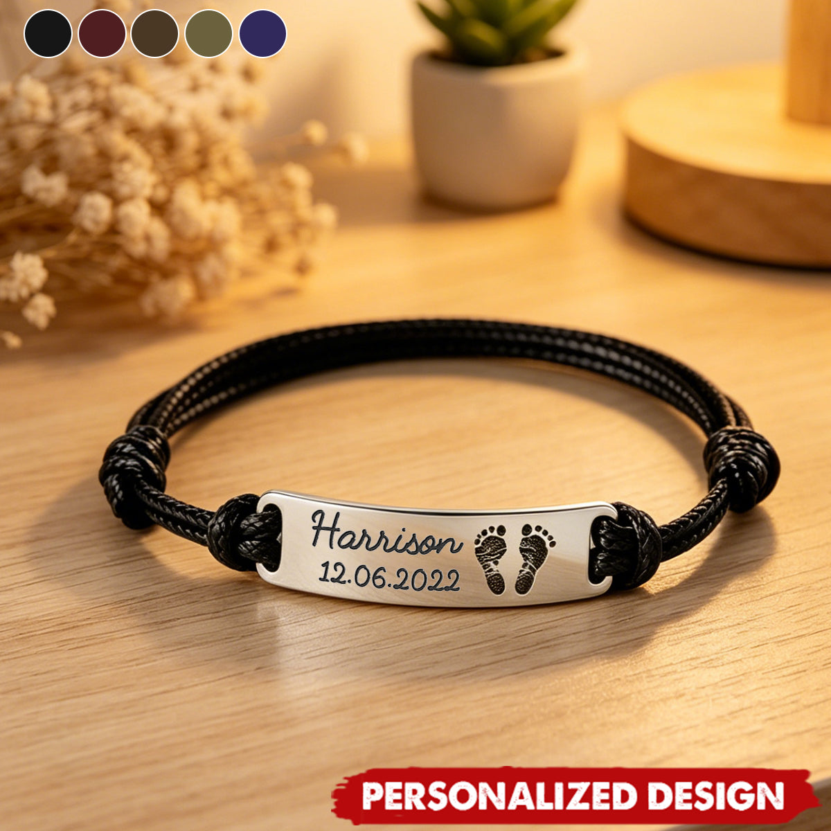 Personalized Baby Footprint Leather Bracelet - Custom Name & Birth Date