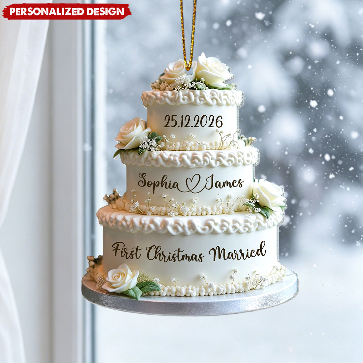 Personalized Couple Names & Wedding Date First Christmas Married Cake Acrylic Ornament