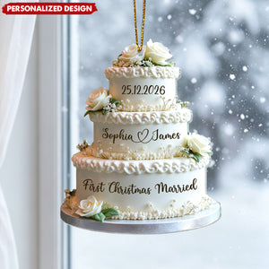 Personalized Couple Names & Wedding Date First Christmas Married Cake Acrylic Ornament
