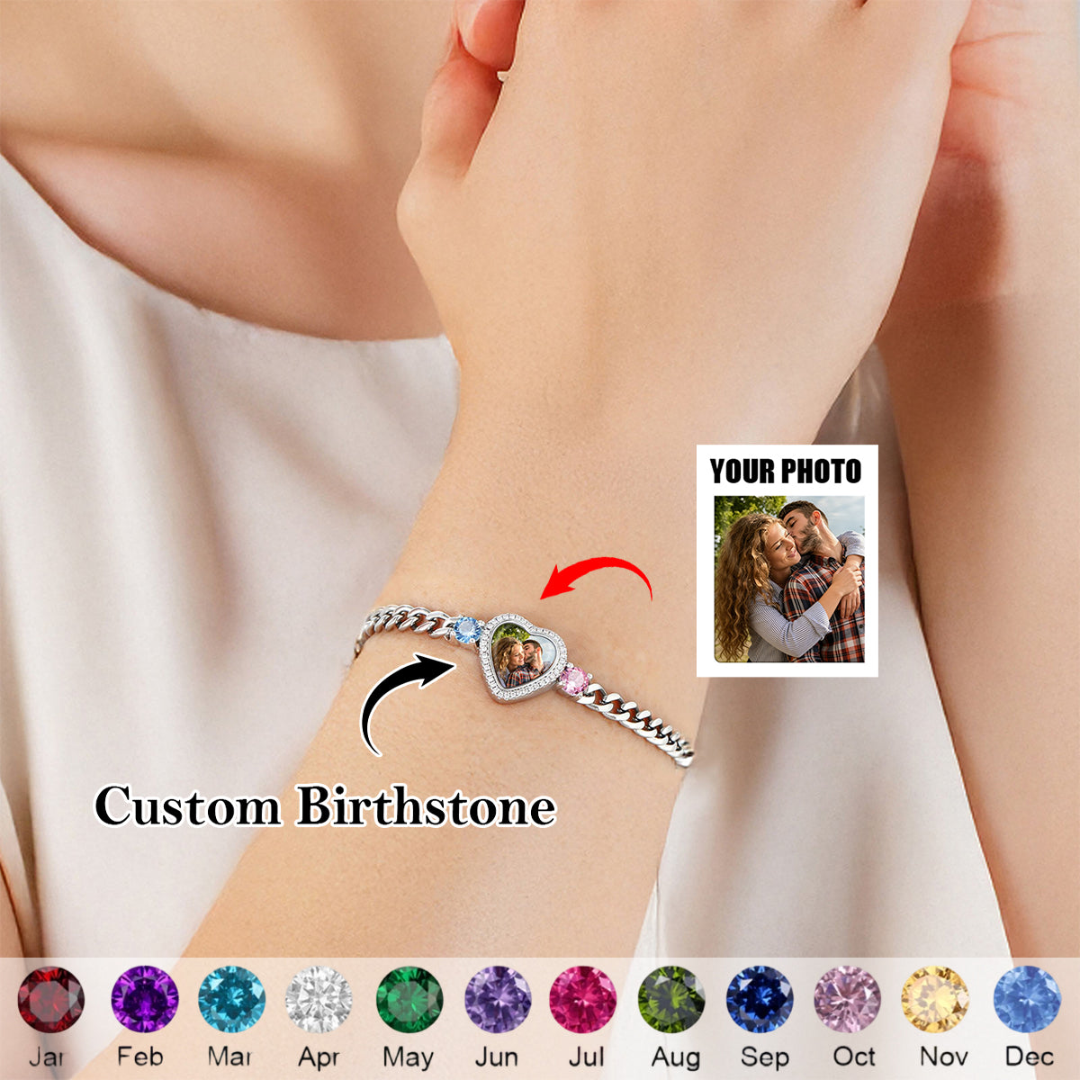 Personalized Heart Photo Birthstone Bracelet - Gift For Mom/Her