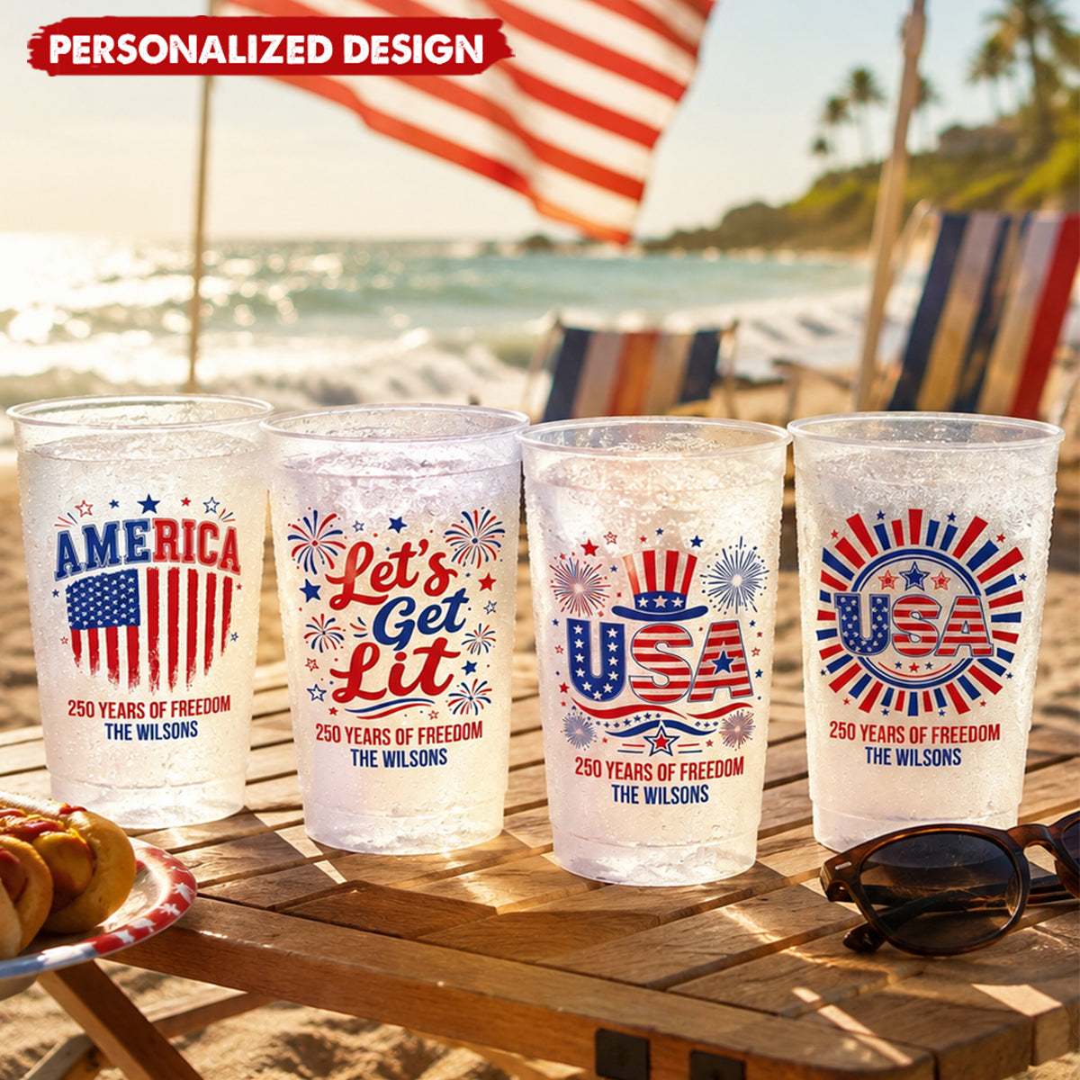 Personalized America 250 Years of Freedom Patriotic Frosted Plastic Cups - Custom Family Name