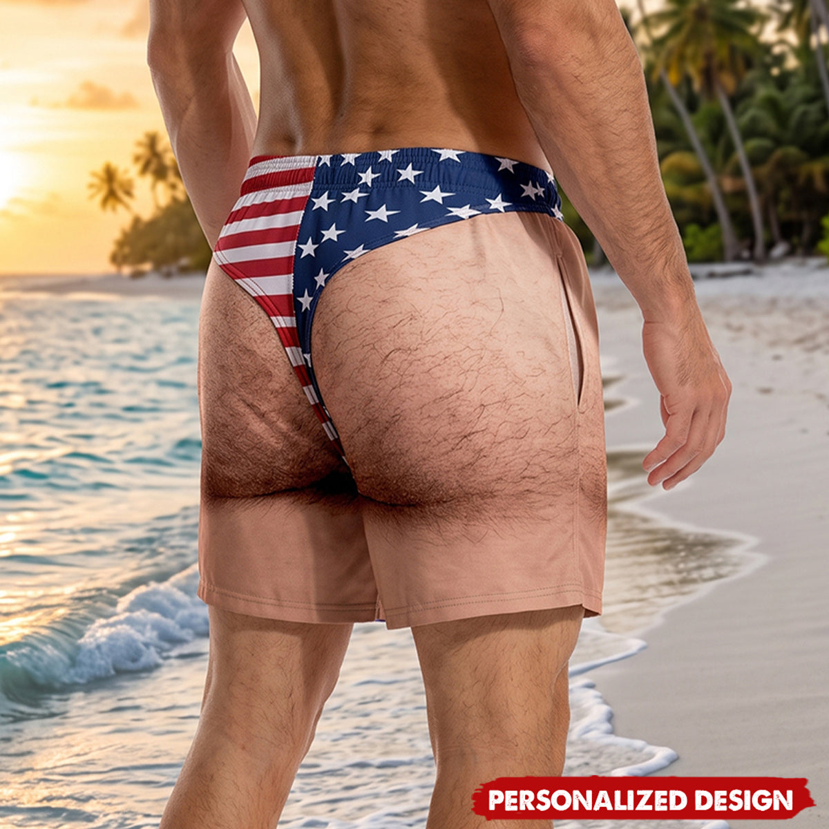 Bulk Funny Optical Illusion USA Flag Swim Shorts - Patriotic Novelty Beach Shorts