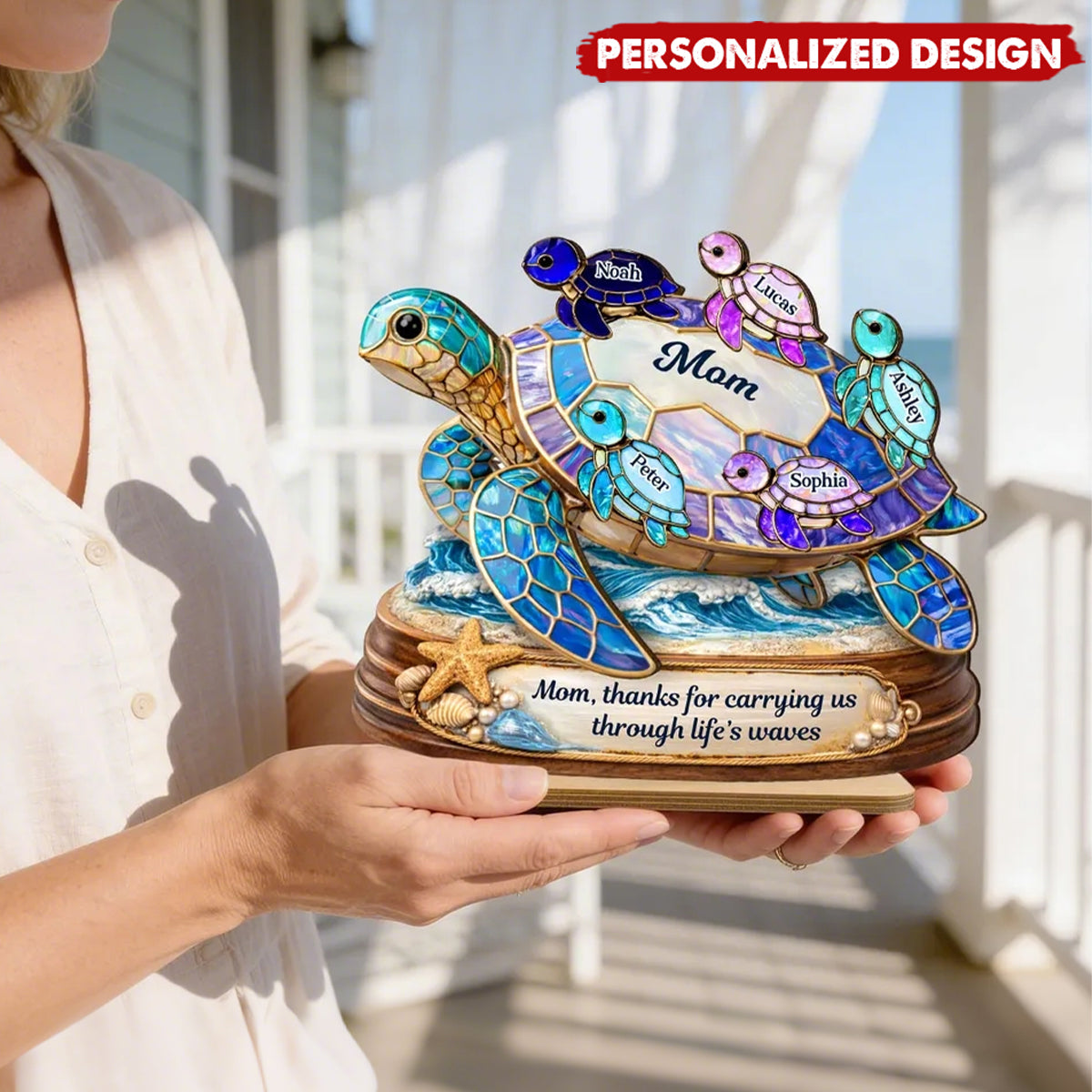 Thanks for Carrying us Through Life's Waves - Personalized Mom Sea Turtle Wooden Plaque