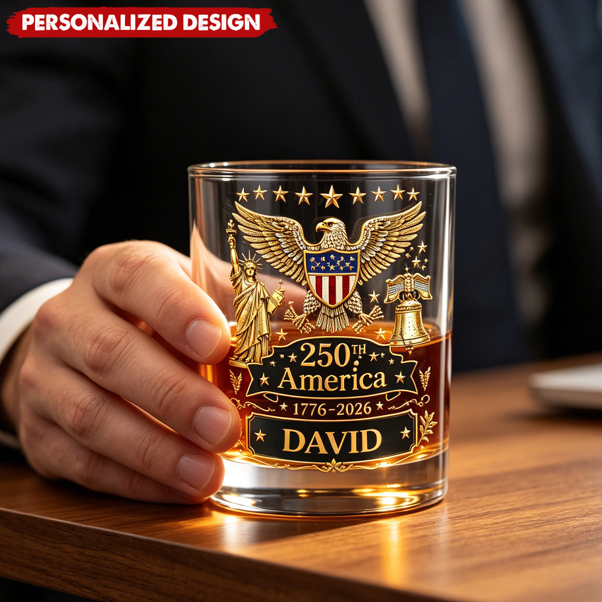Personalized America 250th Anniversary Whiskey Glass - Custom Name