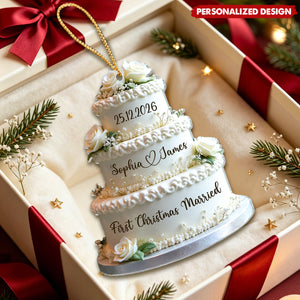 Personalized Couple Names & Wedding Date First Christmas Married Cake Acrylic Ornament