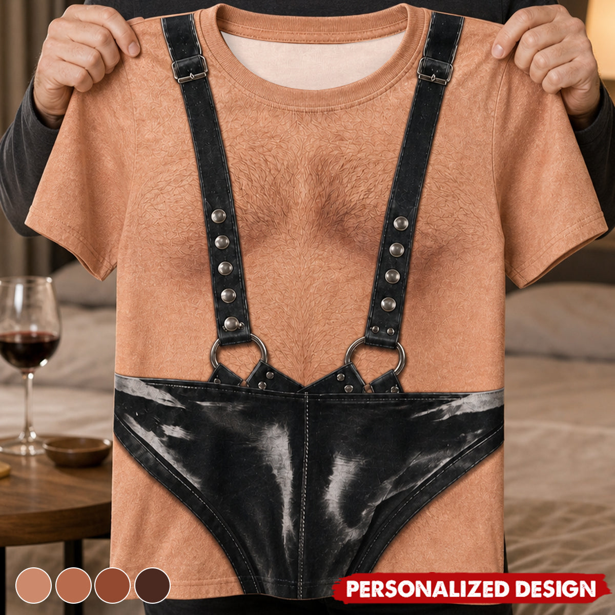 Personalized Optical Illusion Black Leather Suspender Thong T-Shirt