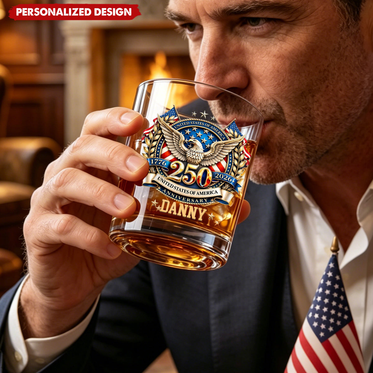USA 250th Anniversary Eagle Patriotic Whiskey Glass - Custom Name
