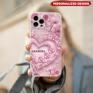 Personalized Grandma Heart Phone Case - Custom Grandkids Names Floral Cover