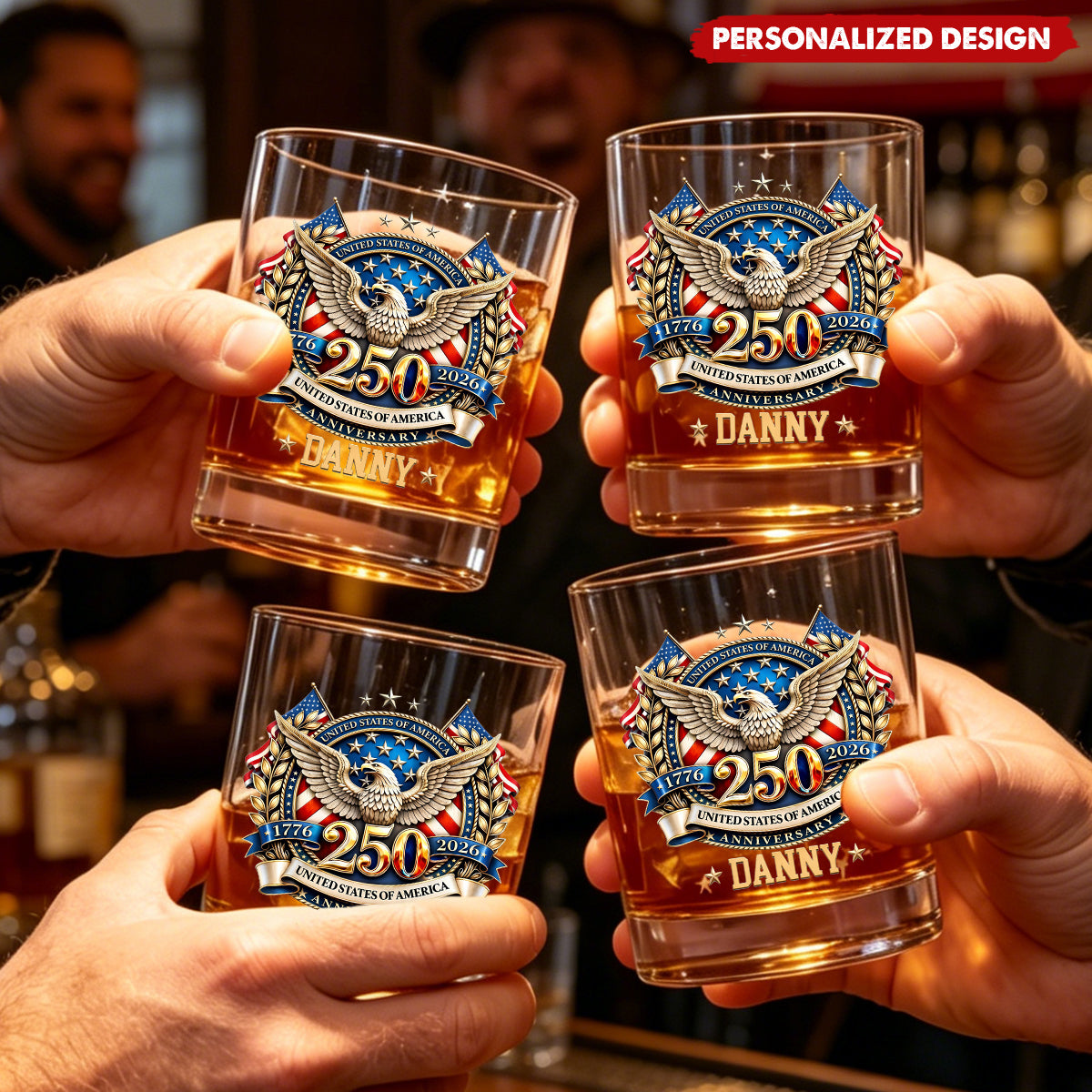 USA 250th Anniversary Eagle Patriotic Whiskey Glass - Custom Name