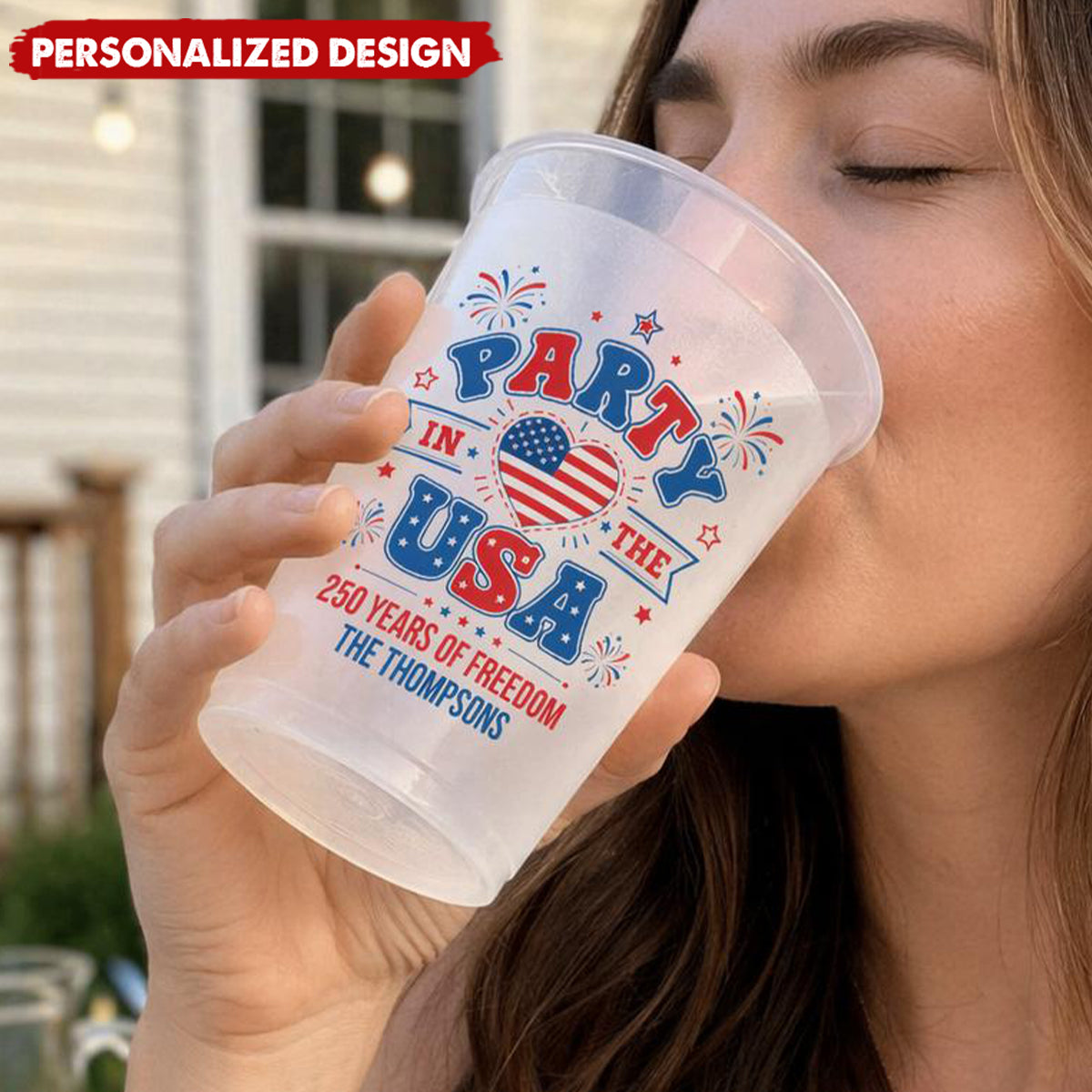 Personalized America 250 Years of Freedom Patriotic Frosted Plastic Cups - Custom Family Name
