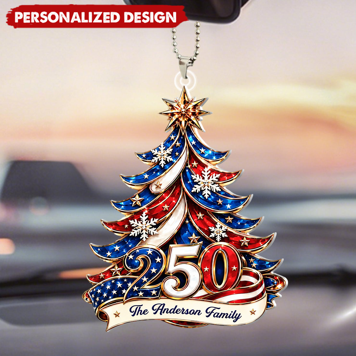 Personalized USA 250th Anniversary Patriotic Tree Flat Acrylic Car Ornament  - Custom Family Surname