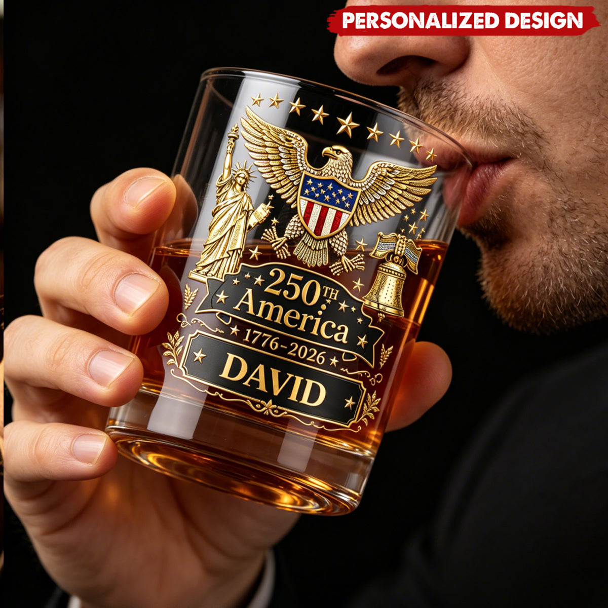 Personalized America 250th Anniversary Whiskey Glass - Custom Name
