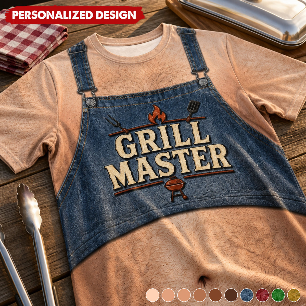 Personalized Optical Illusion Grill Master BBQ Apron Belly Men’s Novelty Crew Neck T-Shirt