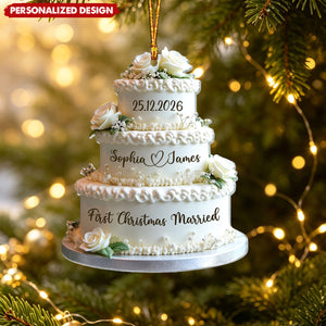 Personalized Couple Names & Wedding Date First Christmas Married Cake Acrylic Ornament