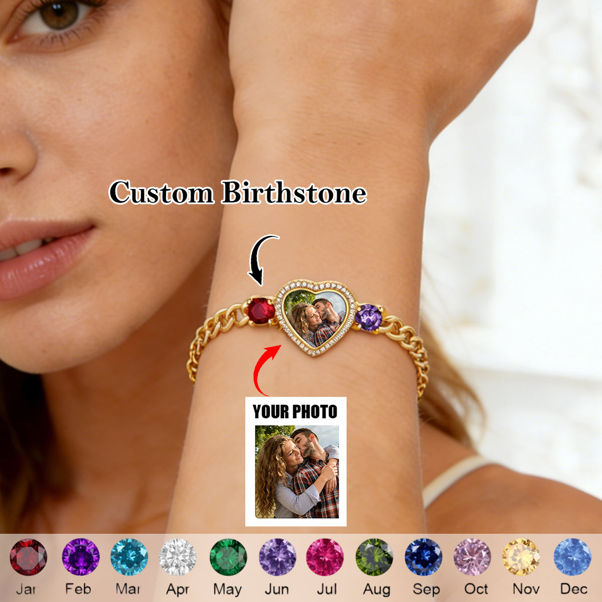Personalized Heart Photo Birthstone Bracelet - Gift For Mom/Her