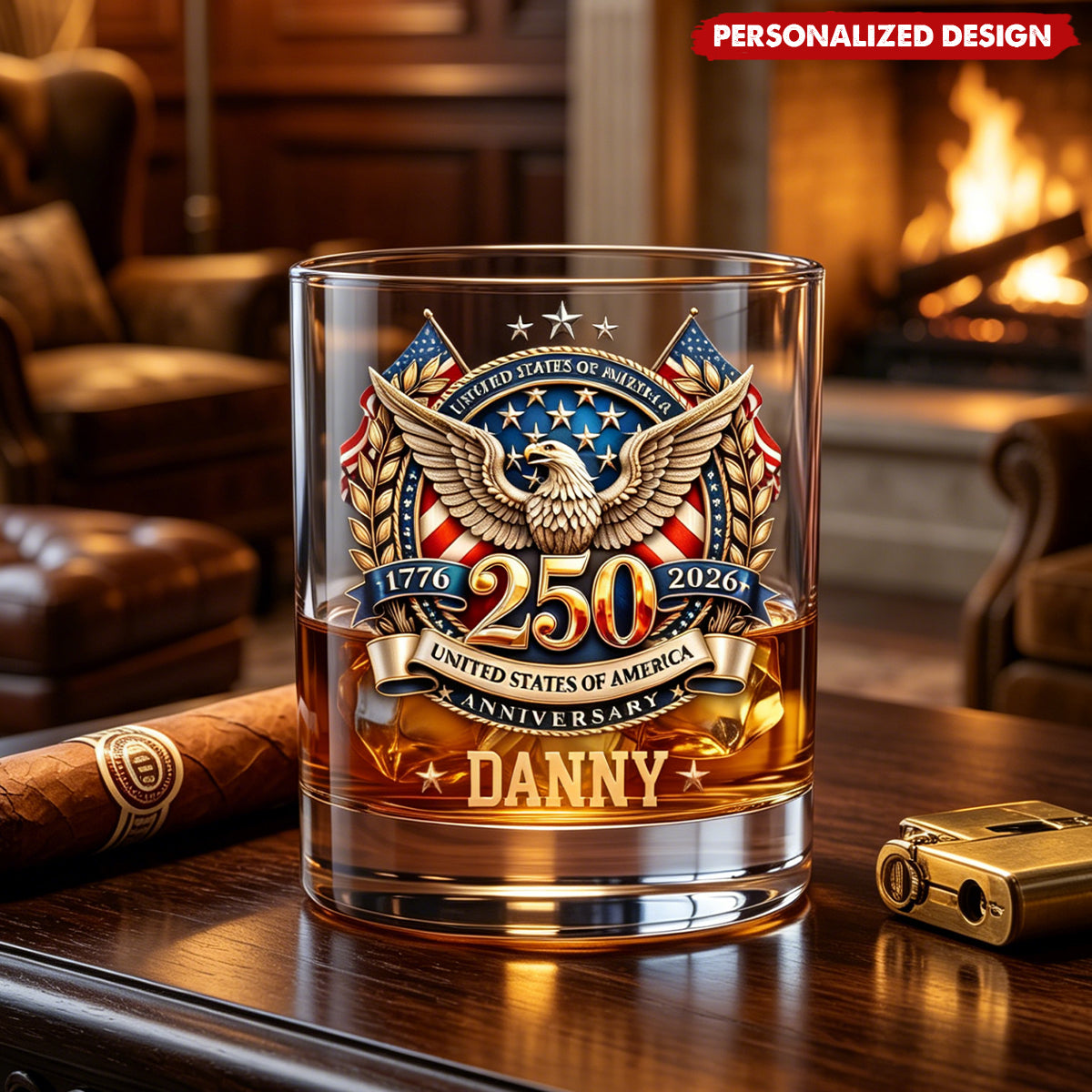 USA 250th Anniversary Eagle Patriotic Whiskey Glass - Custom Name