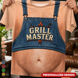 Personalized Optical Illusion Grill Master BBQ Apron Belly Men’s Novelty Crew Neck T-Shirt