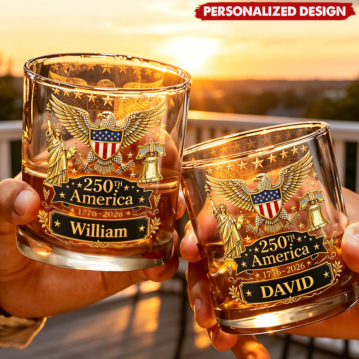 Personalized America 250th Anniversary Whiskey Glass - Custom Name