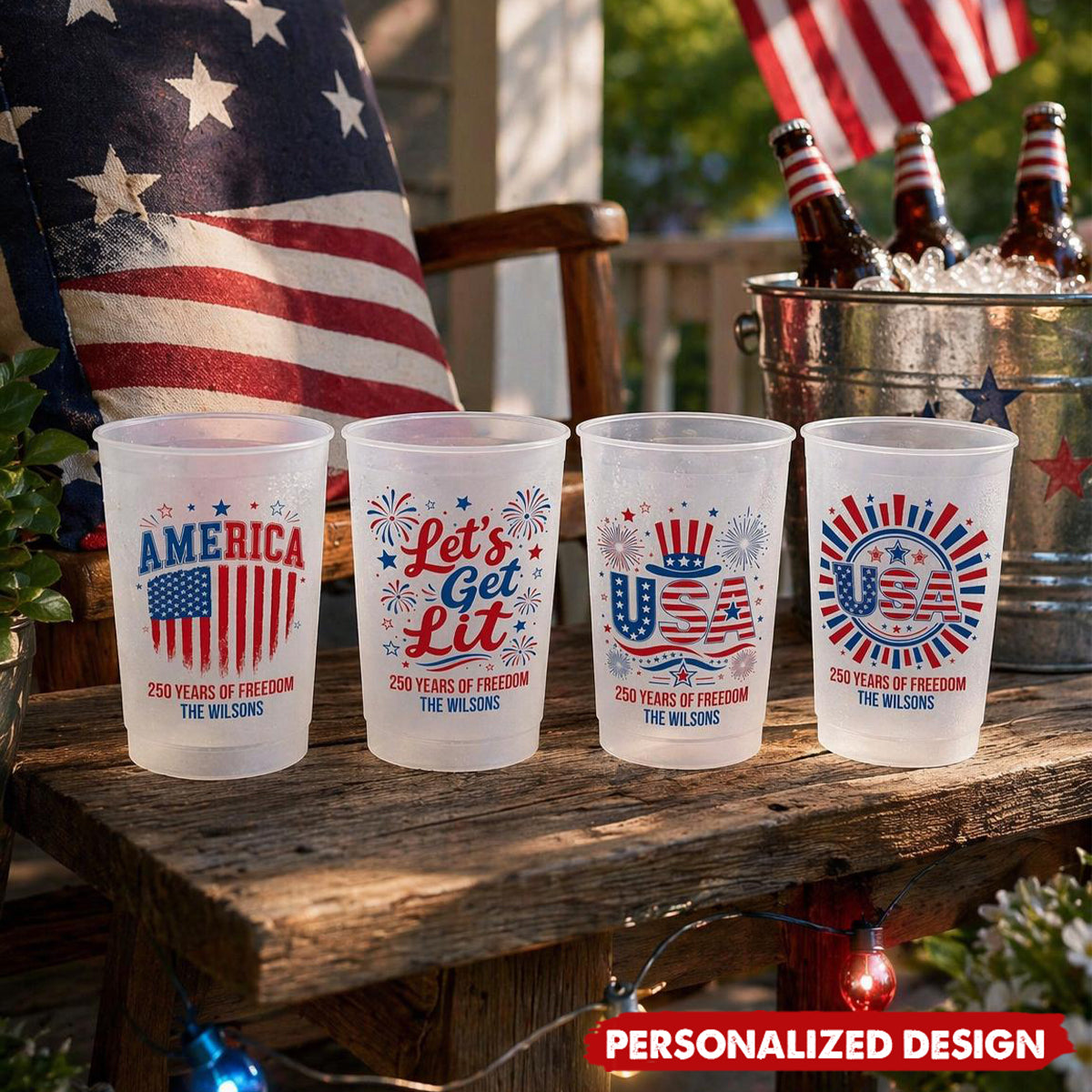 Personalized America 250 Years of Freedom Patriotic Frosted Plastic Cups - Custom Family Name