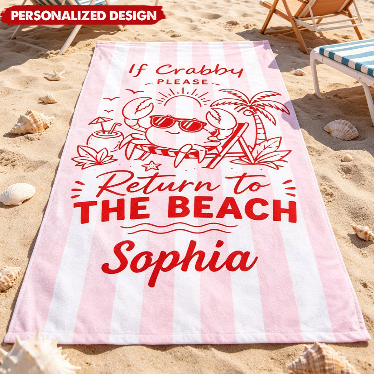 Personalized Sunglasses Crab Tropical Vacation Beach Towel - Custom Name