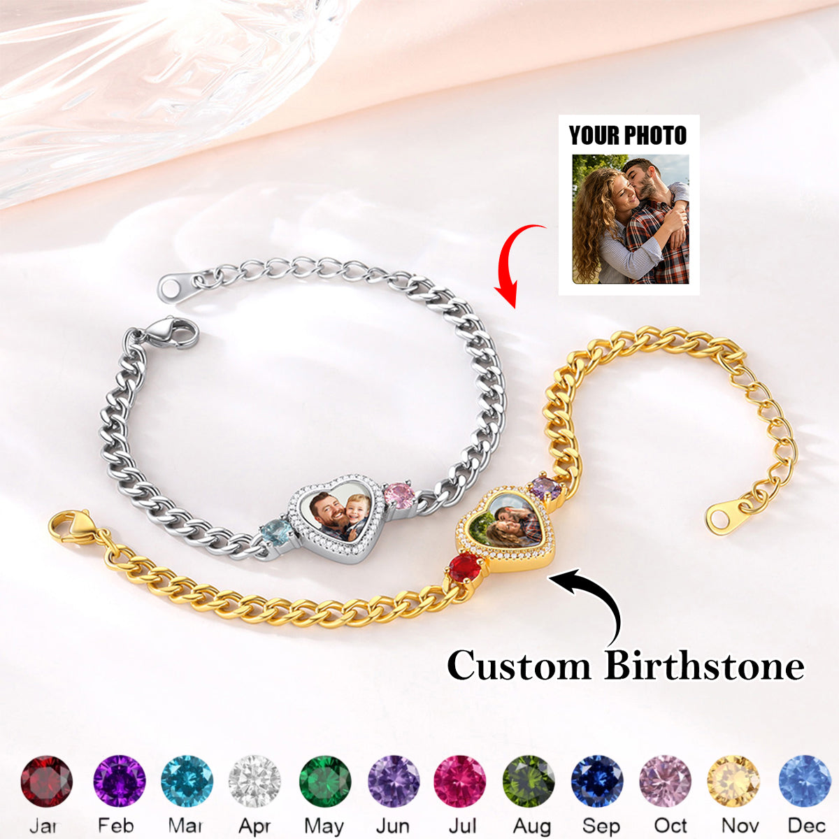 Personalized Heart Photo Birthstone Bracelet - Gift For Mom/Her
