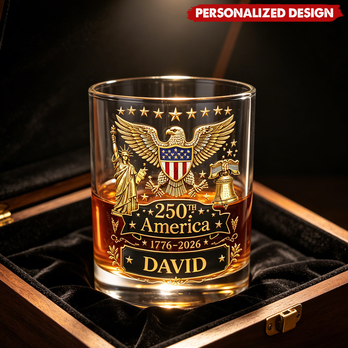 Personalized America 250th Anniversary Whiskey Glass - Custom Name