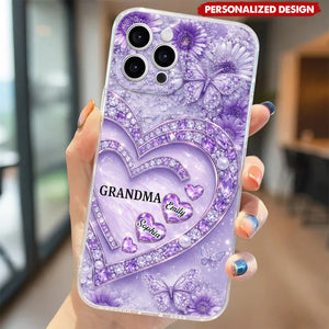 Personalized Grandma Heart Phone Case - Custom Grandkids Names Floral Cover