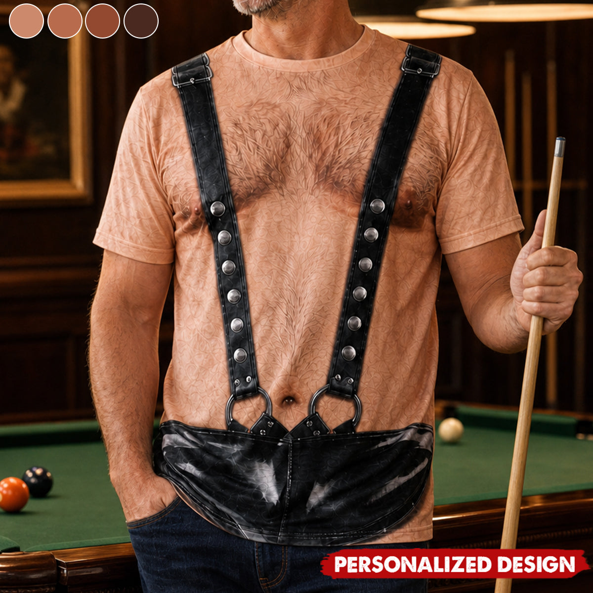 Personalized Optical Illusion Black Leather Suspender Thong T-Shirt