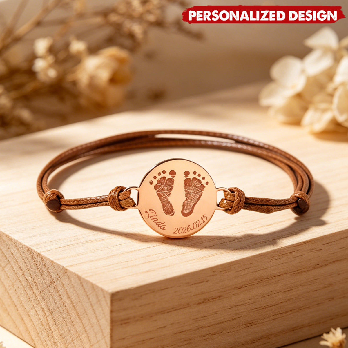 Personalized Baby Footprint Bracelet - Custom Name Birth Date