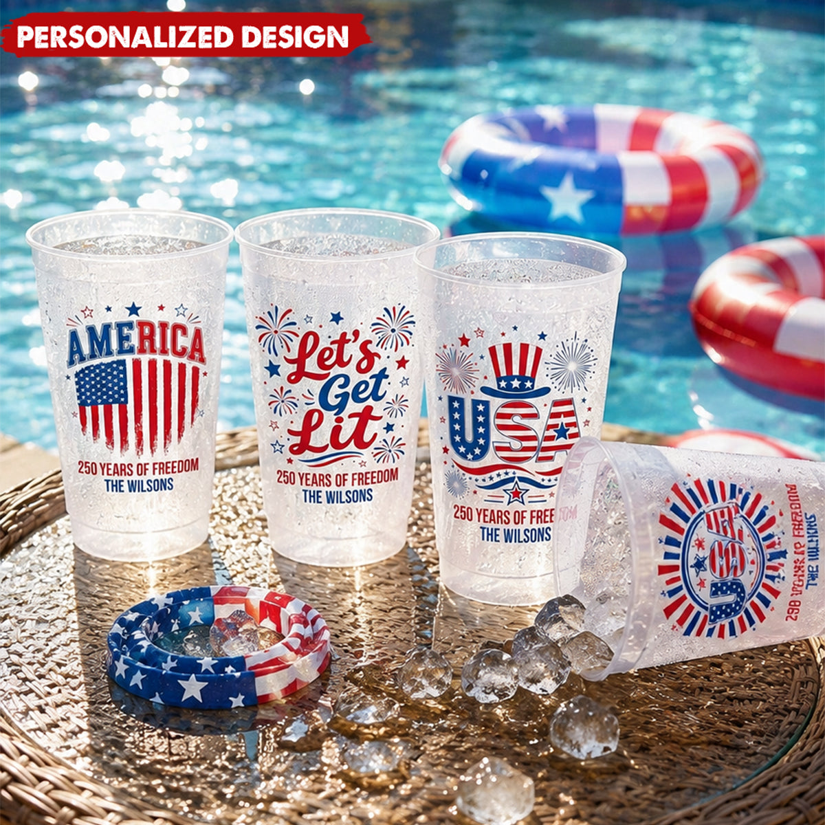 Personalized America 250 Years of Freedom Patriotic Frosted Plastic Cups - Custom Family Name