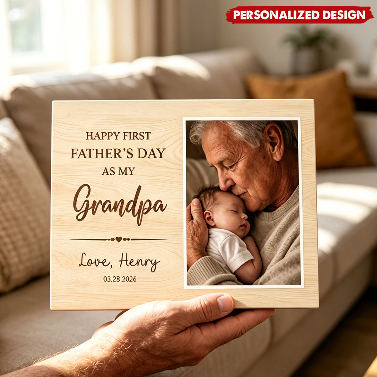 Personalized Name & Birth Date Wooden Photo Plaque - First Father’s Day Gift