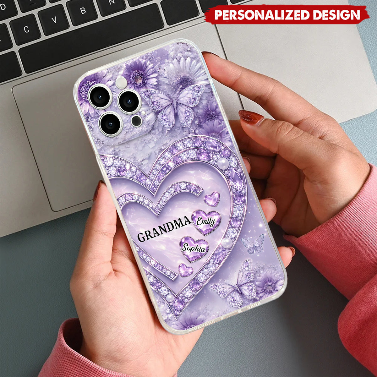 Personalized Grandma Heart Phone Case - Custom Grandkids Names Floral Cover
