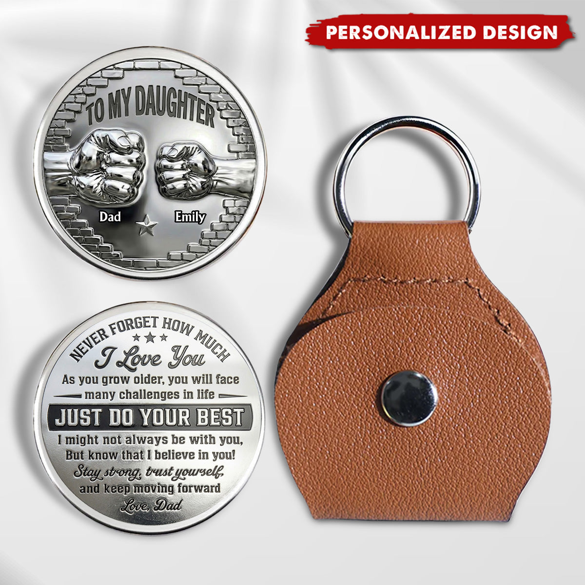 Personalized Stainless Steel Fist Bump Coin with Leather Keychain - Gift for Grandson, Son