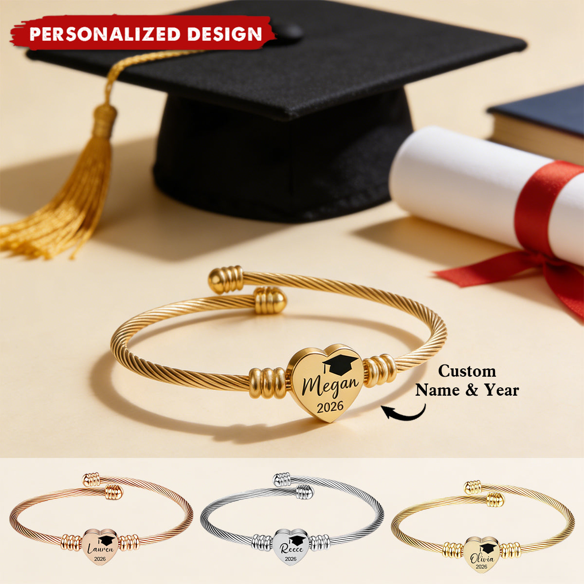 Personalized Graduation Heart Bracelet — Custom Name & Year Gift for Her