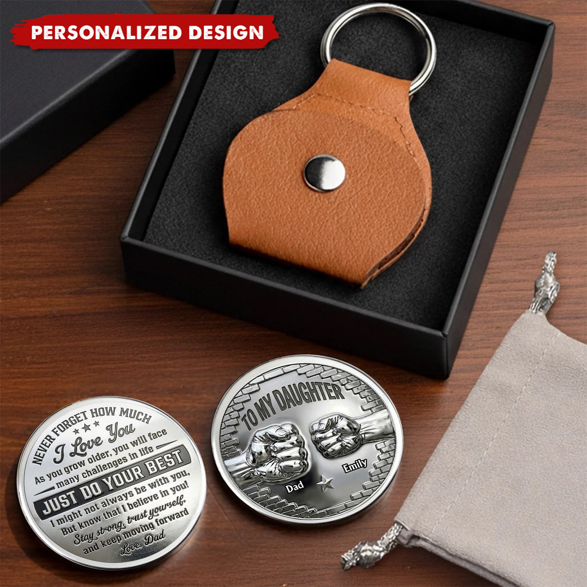 Personalized Stainless Steel Fist Bump Coin with Leather Keychain - Gift for Grandson, Son