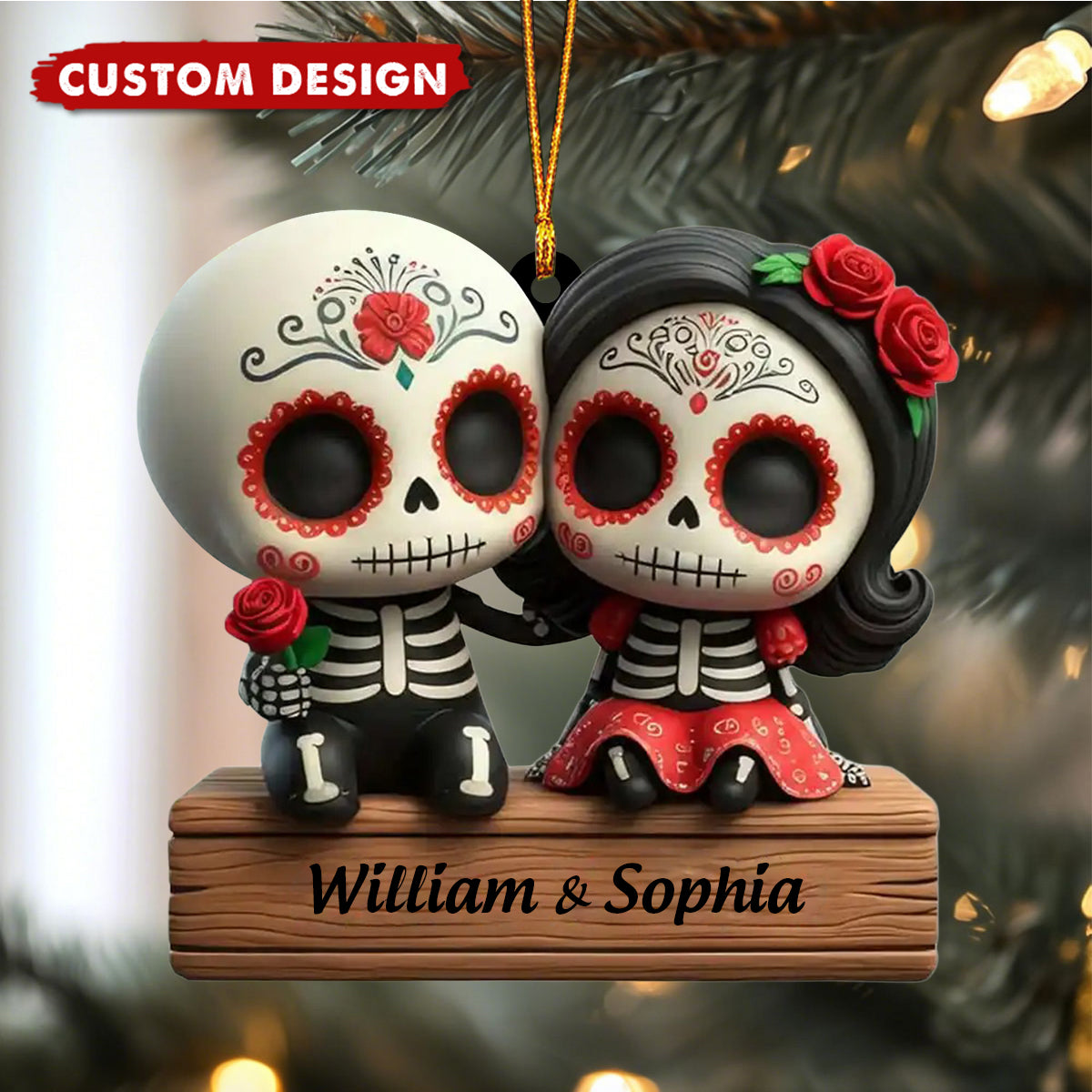 Custom Skull Couple Ornament – Personalized Names Day of the Dead Love Gift