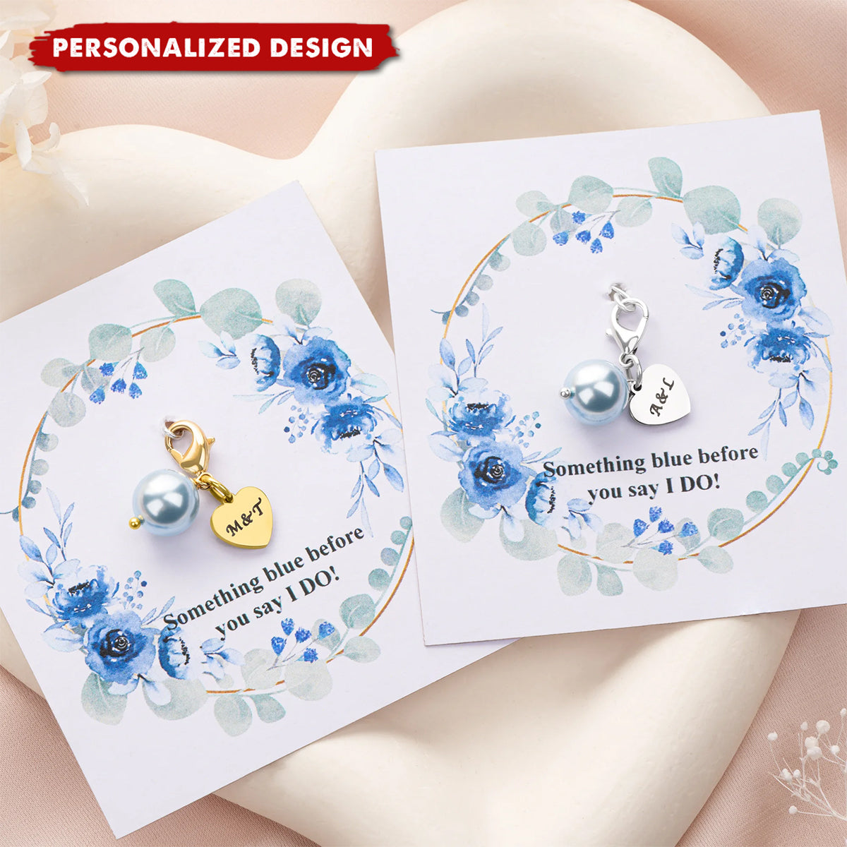 Personalized Blue Pearl Heart Charm Bouquet Clip - Perfect Wedding Gift