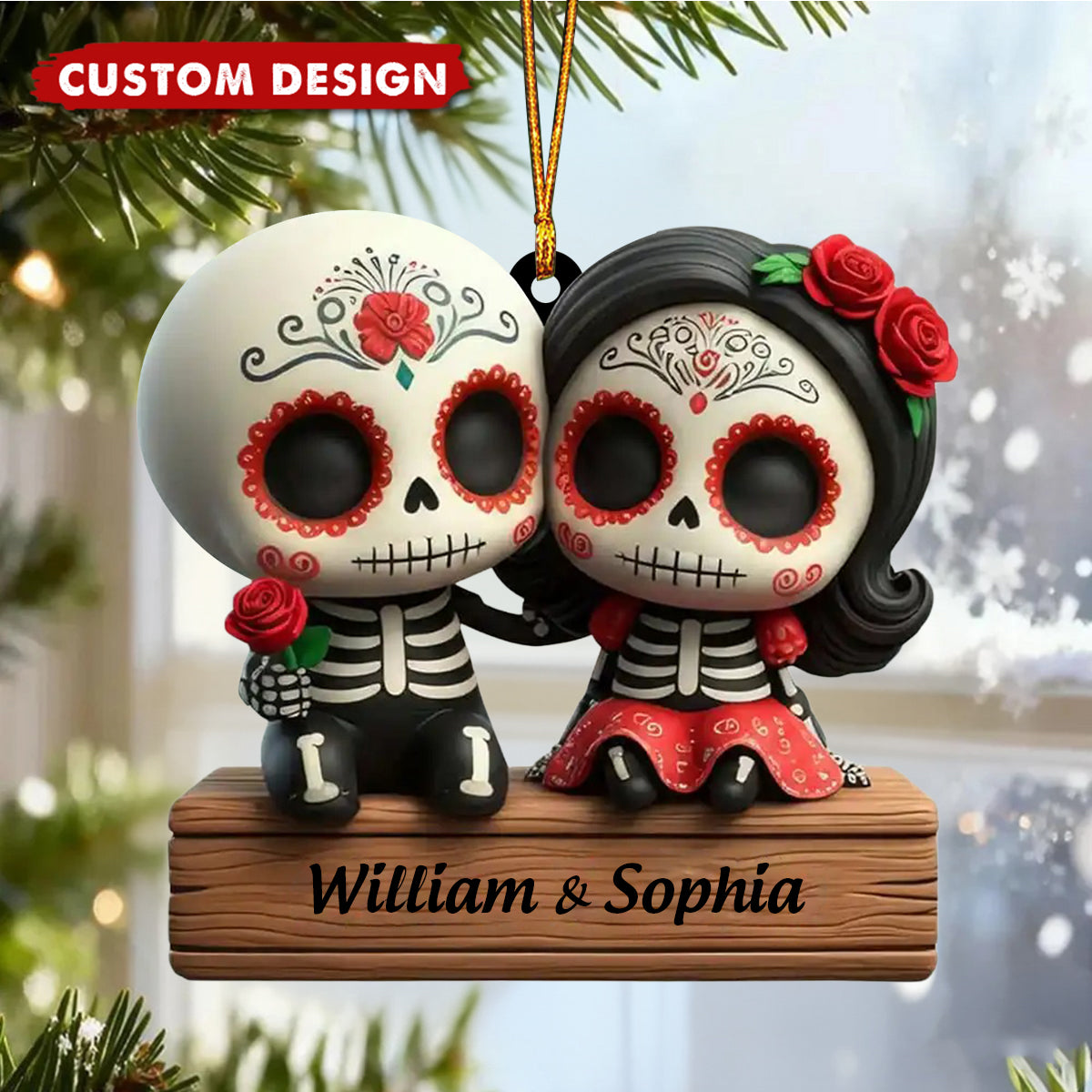 Custom Skull Couple Ornament – Personalized Names Day of the Dead Love Gift