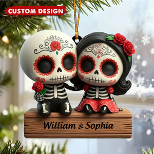 Custom Skull Couple Ornament – Personalized Names Day of the Dead Love Gift