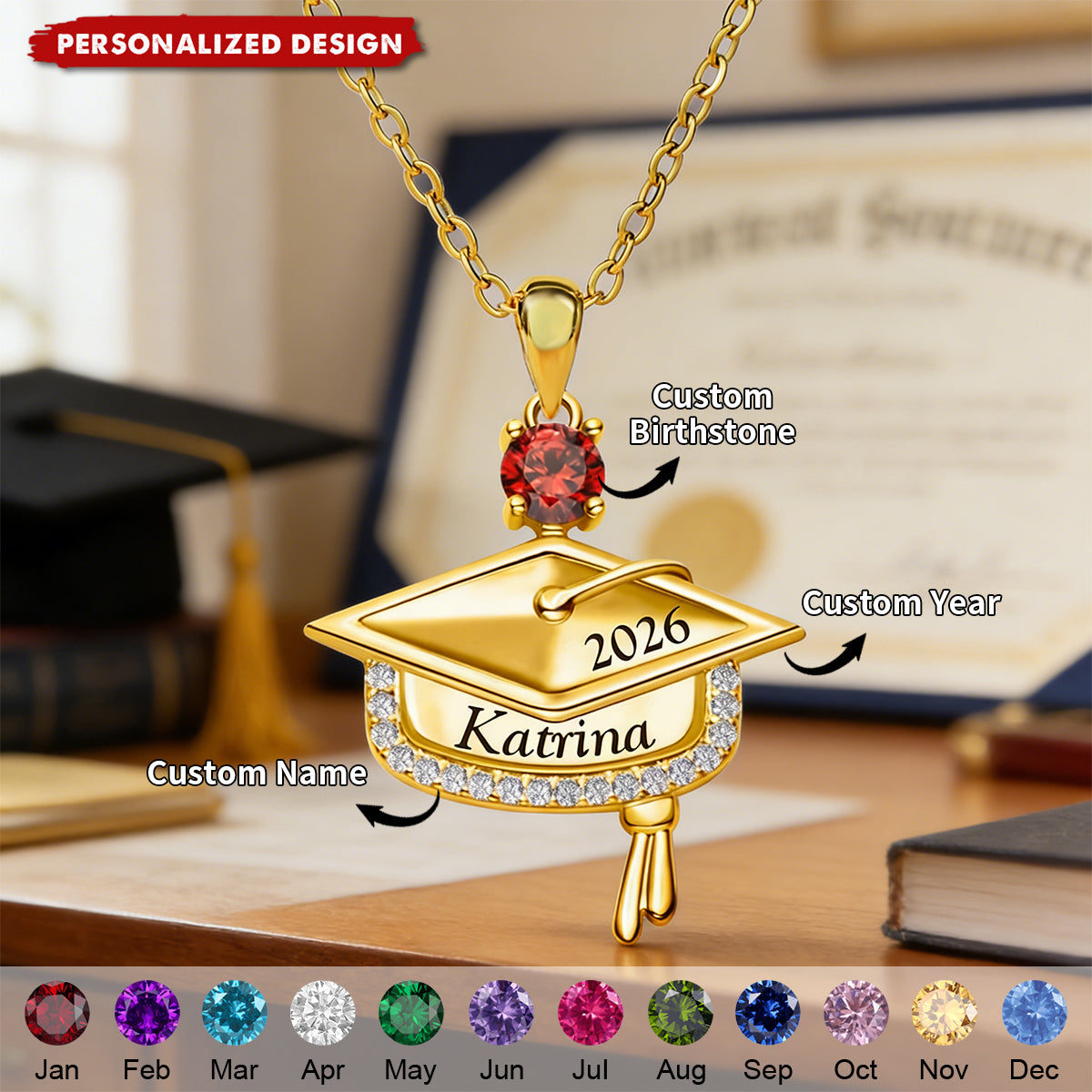 Personalized Graduation Cap Necklace - Custom Name, Year & Birthstone Keepsake